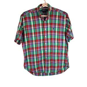 Ralph Lauren Mens L Red Green Plaid Blake Button-Down Shirt Cotton Short Sleeve